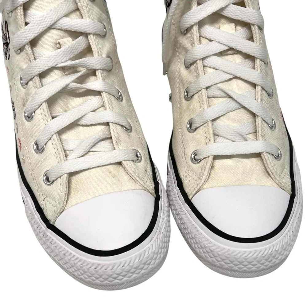 Converse Kids High Top Boots in Cream with Black and Pink Butterfly Embroidery